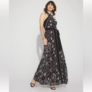 NWT $190 White House Black Market Halter Dress Maxi IKAT Print sz 10